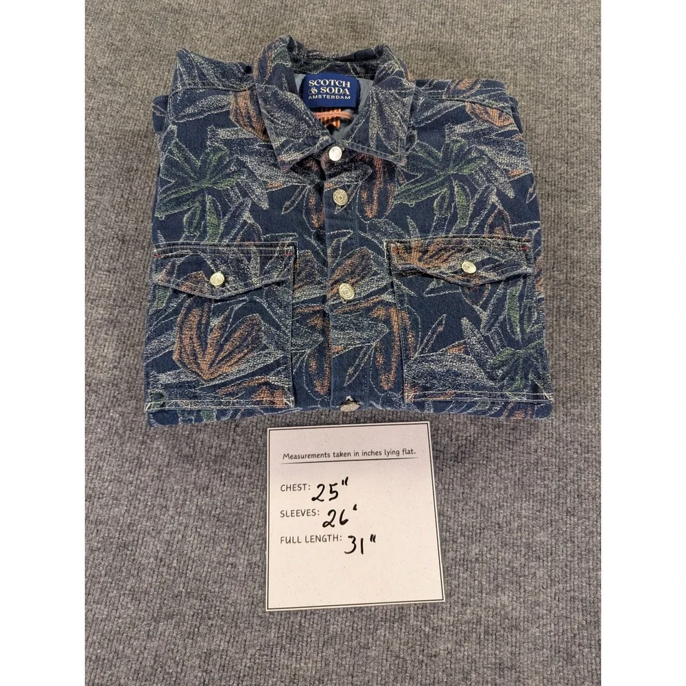Scotch & Soda Mens XXL Blue Tropical Leaf Jacquard Cotton Hemp Denim Overshirt